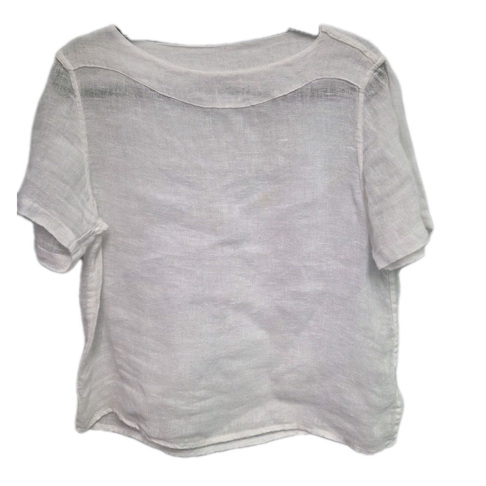 Flax Women Top White Small Linen Short Sleeve Basic Layering‎ Lagenlook Shirt